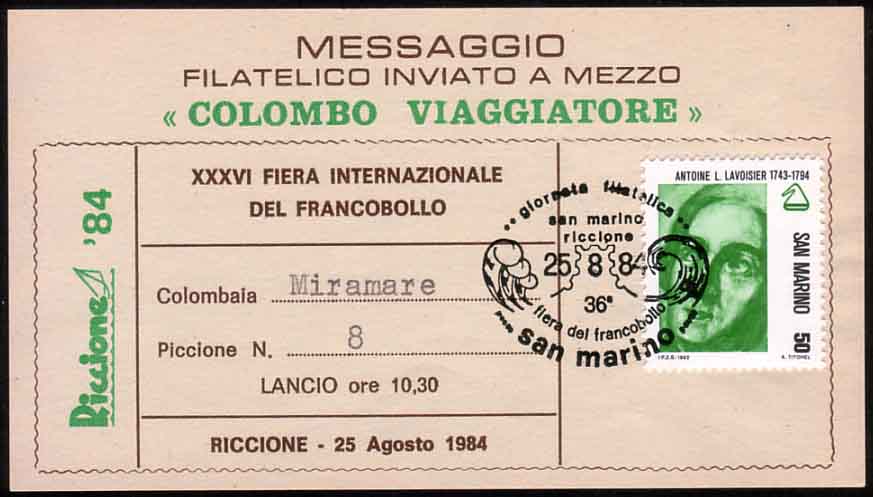 1984 - Messaggio filatelico inviato a mezzo Colombo Viaggiatore - Riccione '84.jpg