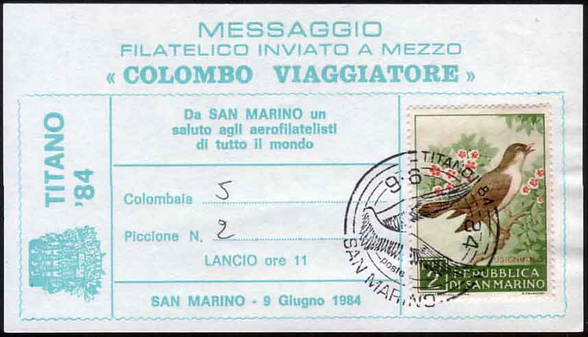 1984 - Messaggio filatelico inviato a mezzo Colombo Viaggiatore - Titano '84.jpg